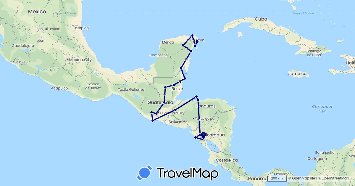 TravelMap itinerary: driving in Belize, Guatemala, Honduras, Mexico, Nicaragua (North America)